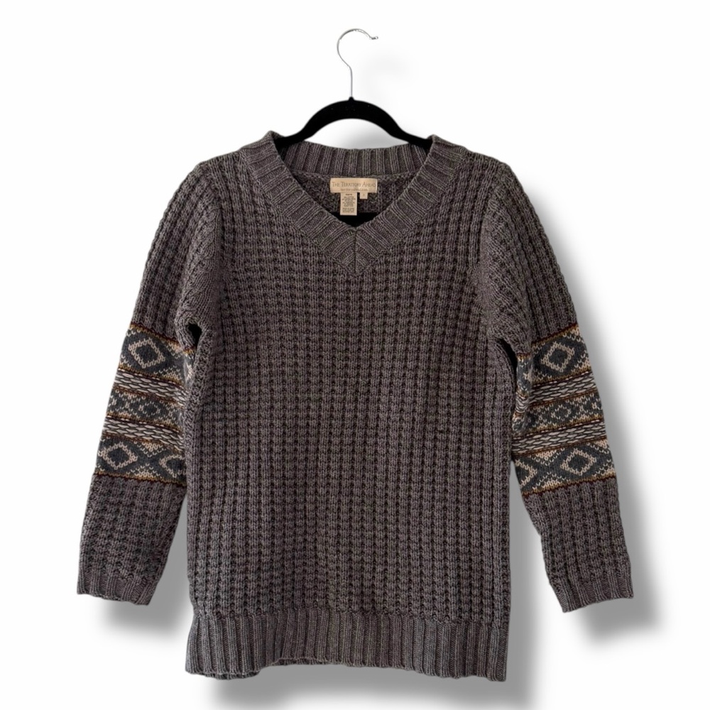 The Territory Ahead Taupe Western Patterned Arm Band V-Neck Sweater Merino Small